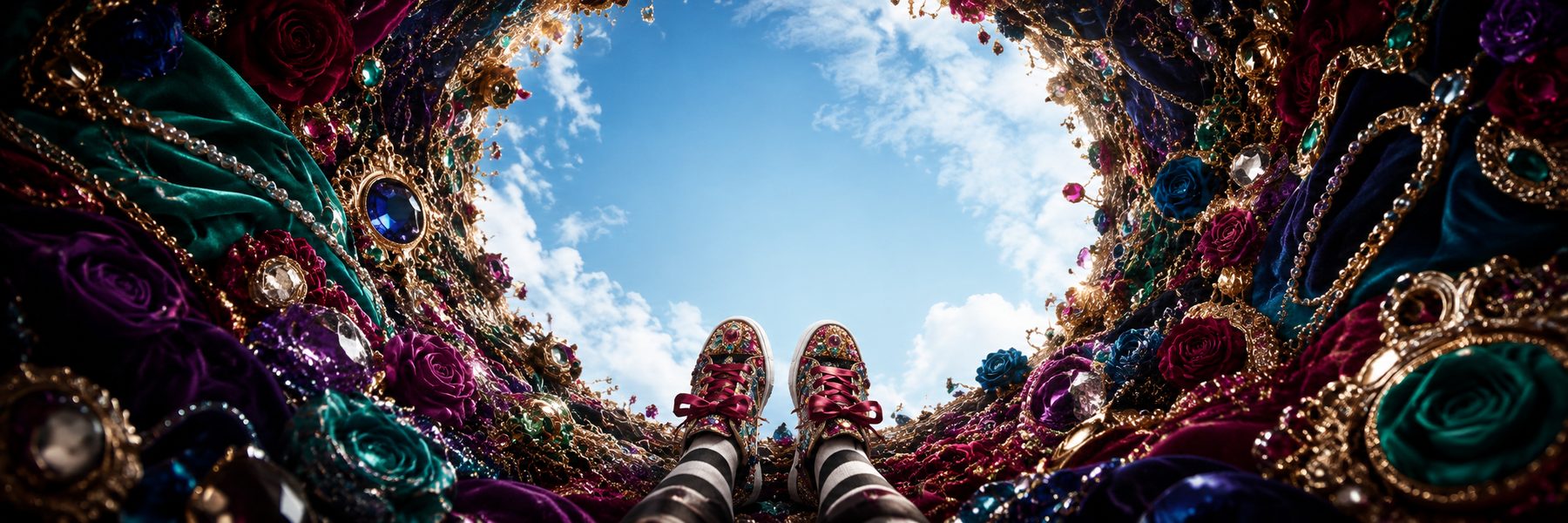 Looking up from inside a jeweled rabbit hole at bedazzled shoes and blue sky